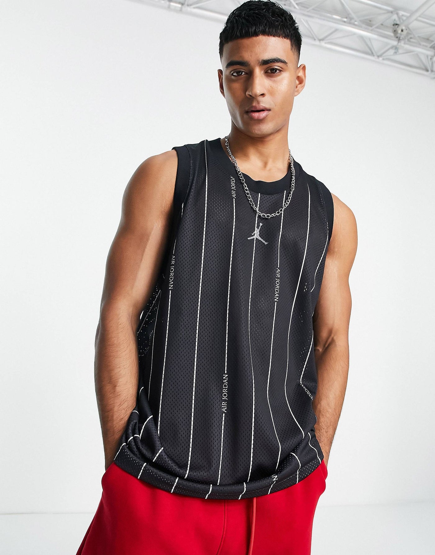 Jordan Statement Essentials pin-stripe back print mesh tank in black