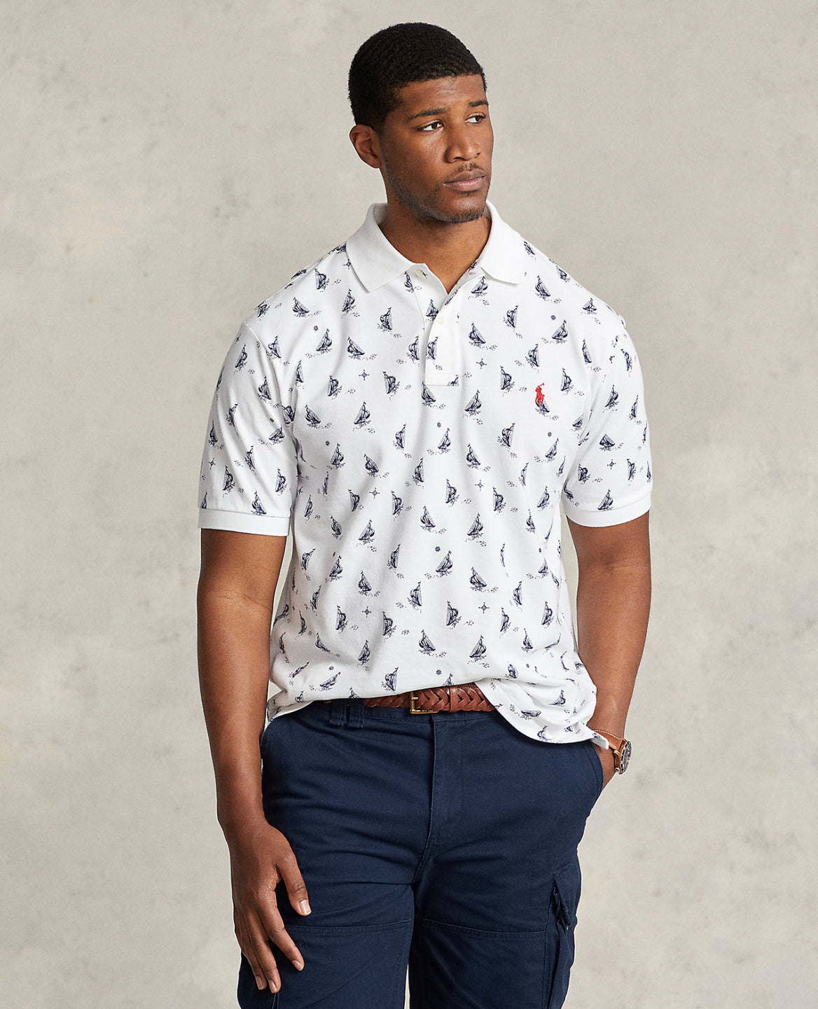 Men Sailboat-Print Mesh Polo Shirt